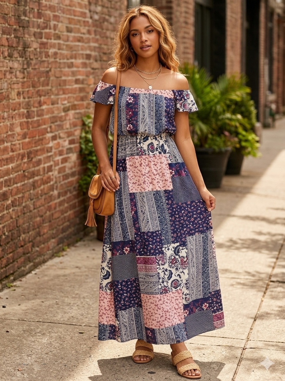 Boho Chic Off-Shoulder Patchwork Maxi Dress in Navy and Pink